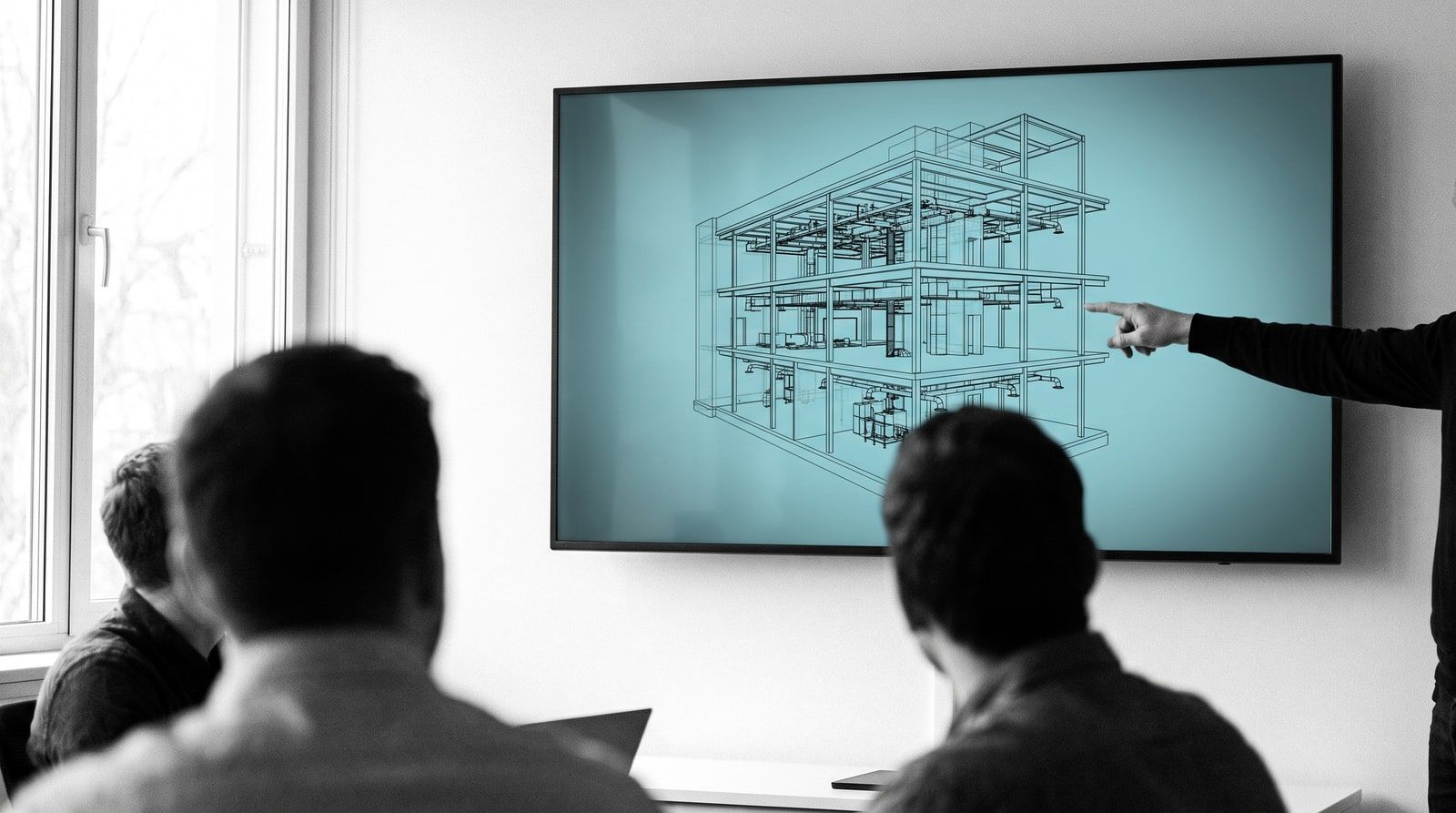 Revisão técnica de um modelo BIM de edifício exibido em uma tela grande